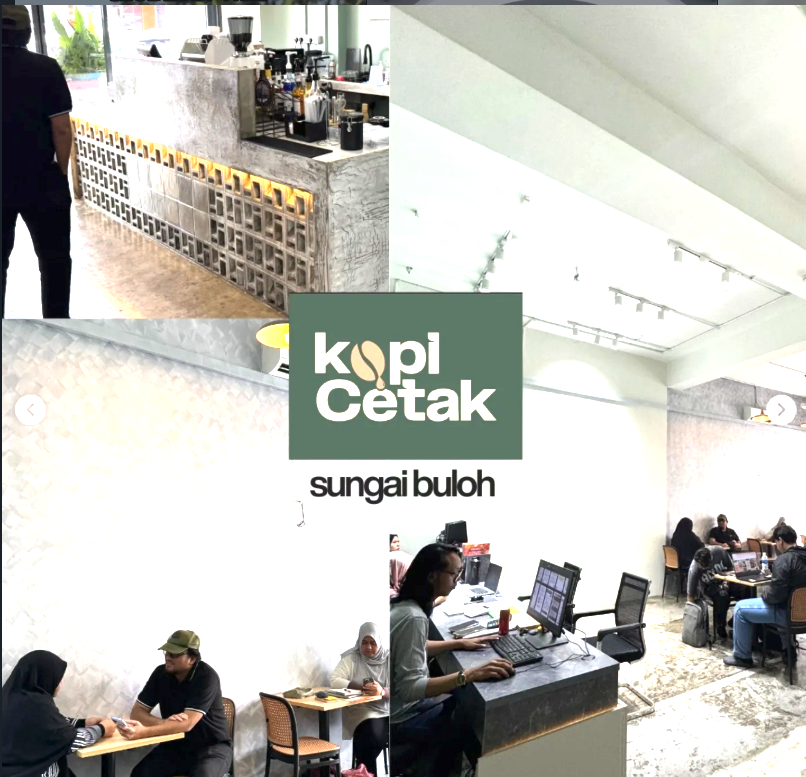 Kolaj projek Kopi Cetak di Sungai Buloh, memaparkan kaunter kopi dan ruang pelanggan