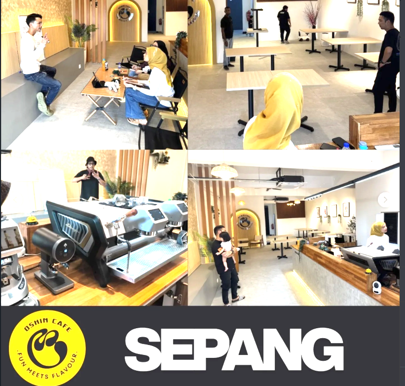Gambar tambahan projek Oshin Cafe, termasuk mesin espresso dan sesi perbincangan di cafe