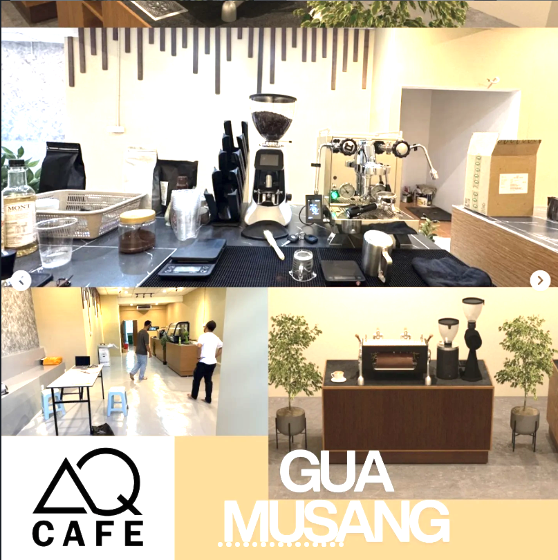 Kolaj projek AQ Cafe di Gua Musang, memaparkan mesin espresso dan coffee bar